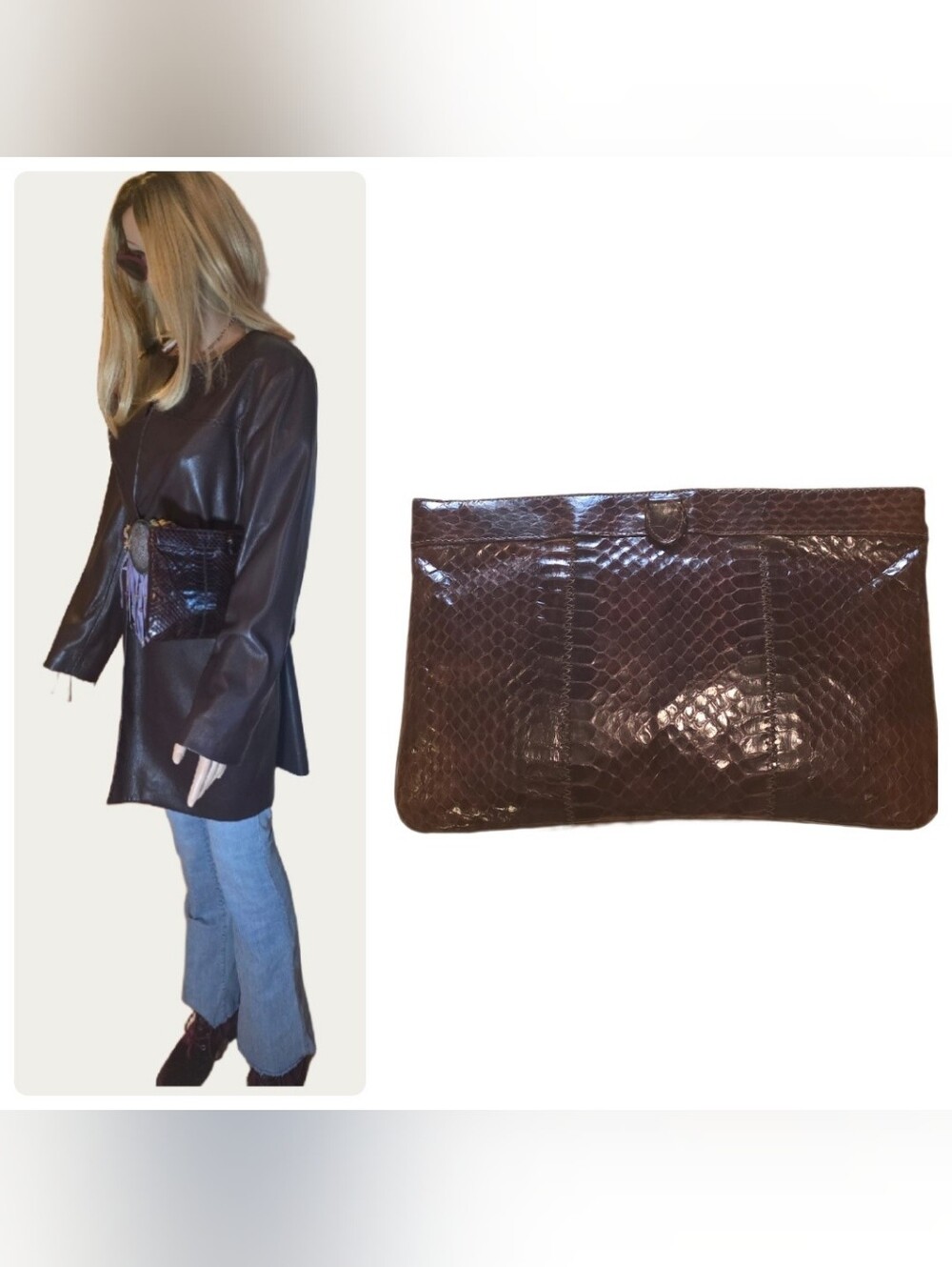 Vintage David Mehler for DAME Brown Genuine Snakeskin Leather Envelope Clutch